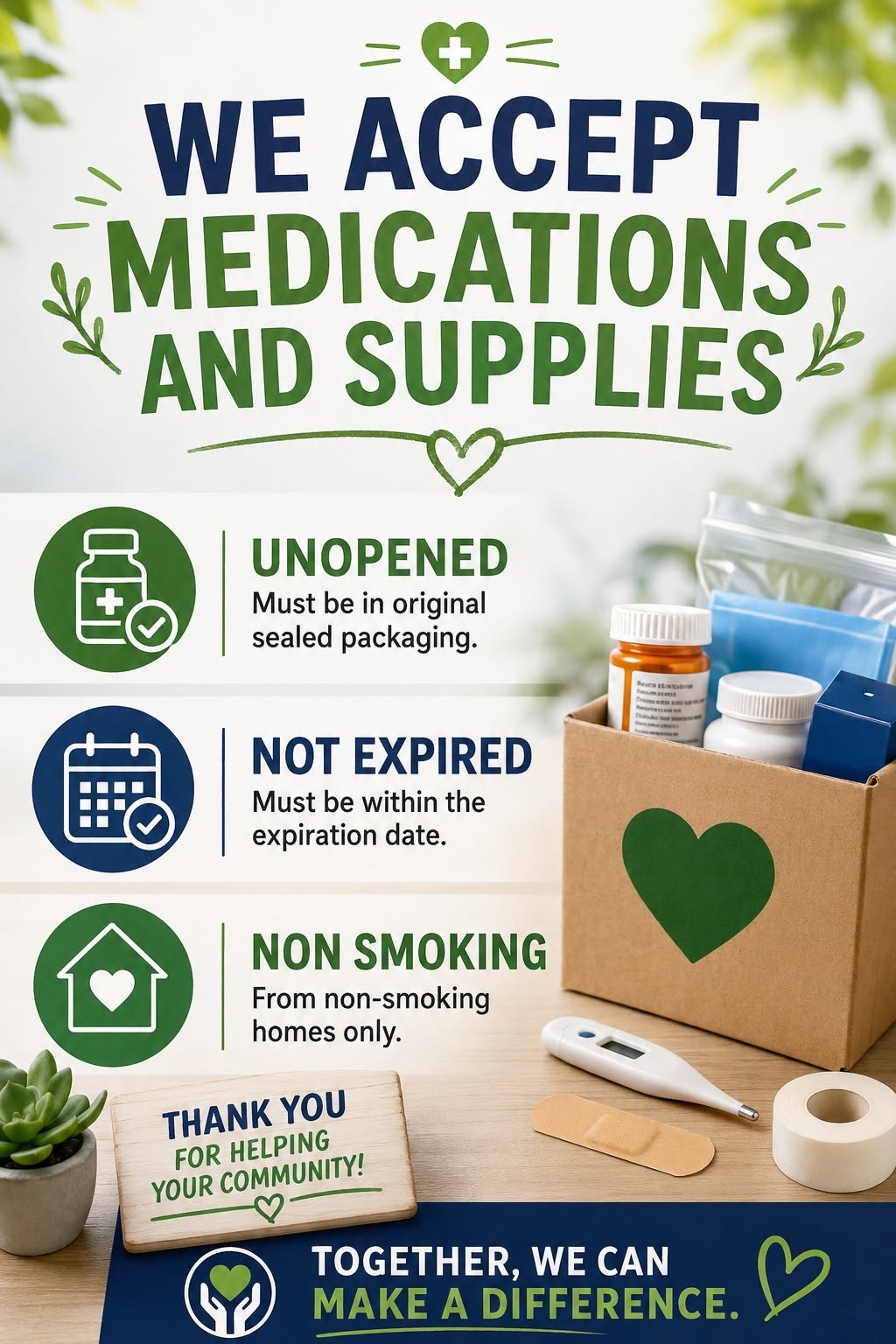 Flyer explaining acceptance requirements for medication and supply donations